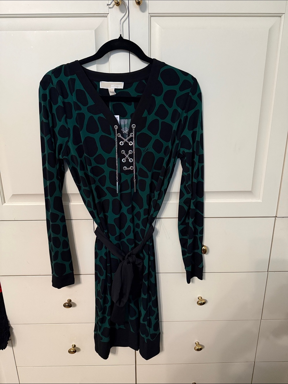 MICHAEL Michael Kors Green and Black Lace-Up Long Sleeve Dress